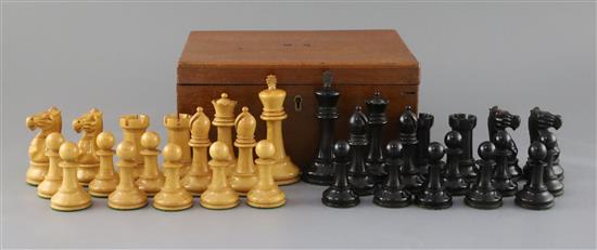 A 4 inch weighted wooden Jaques chess set , ebony and boxwood, in original mahogany box,